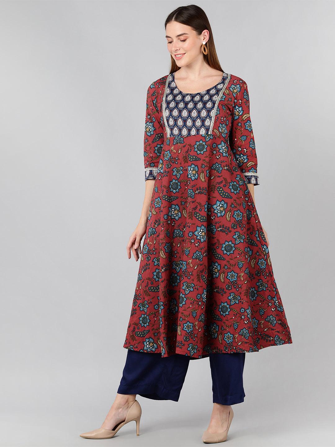 Floral Printed Maroon Flared Kurta With Lace Detail - Znxclothing