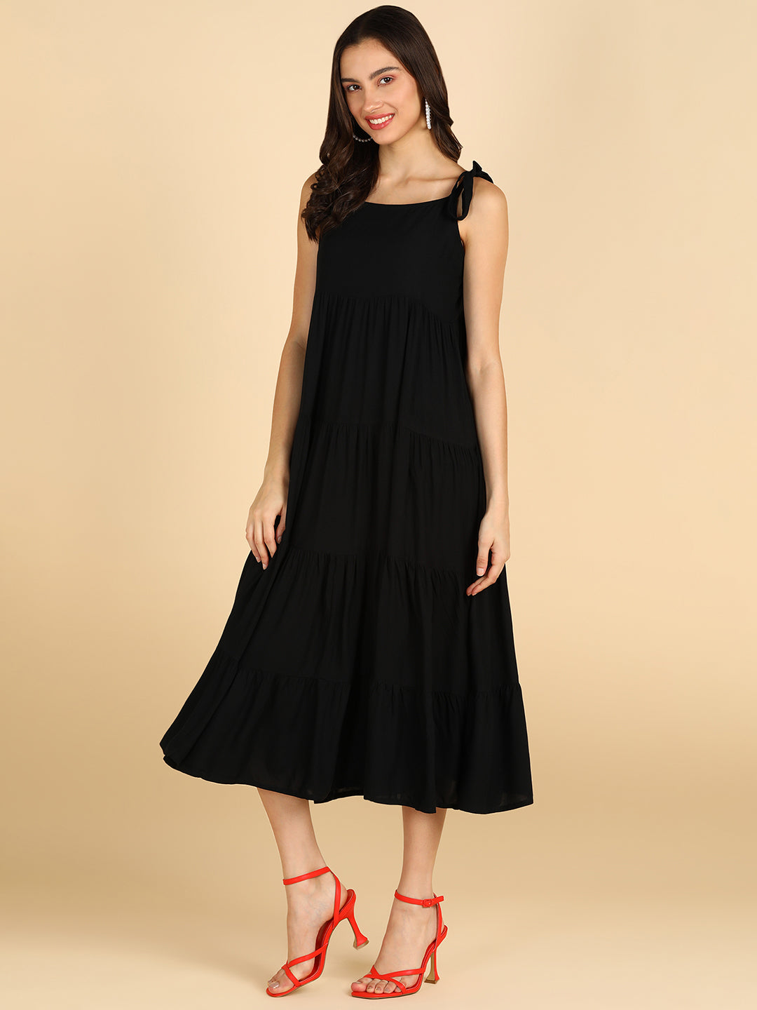 Solid Black Trierd Dress With Muti Way Tie Solder Stripes