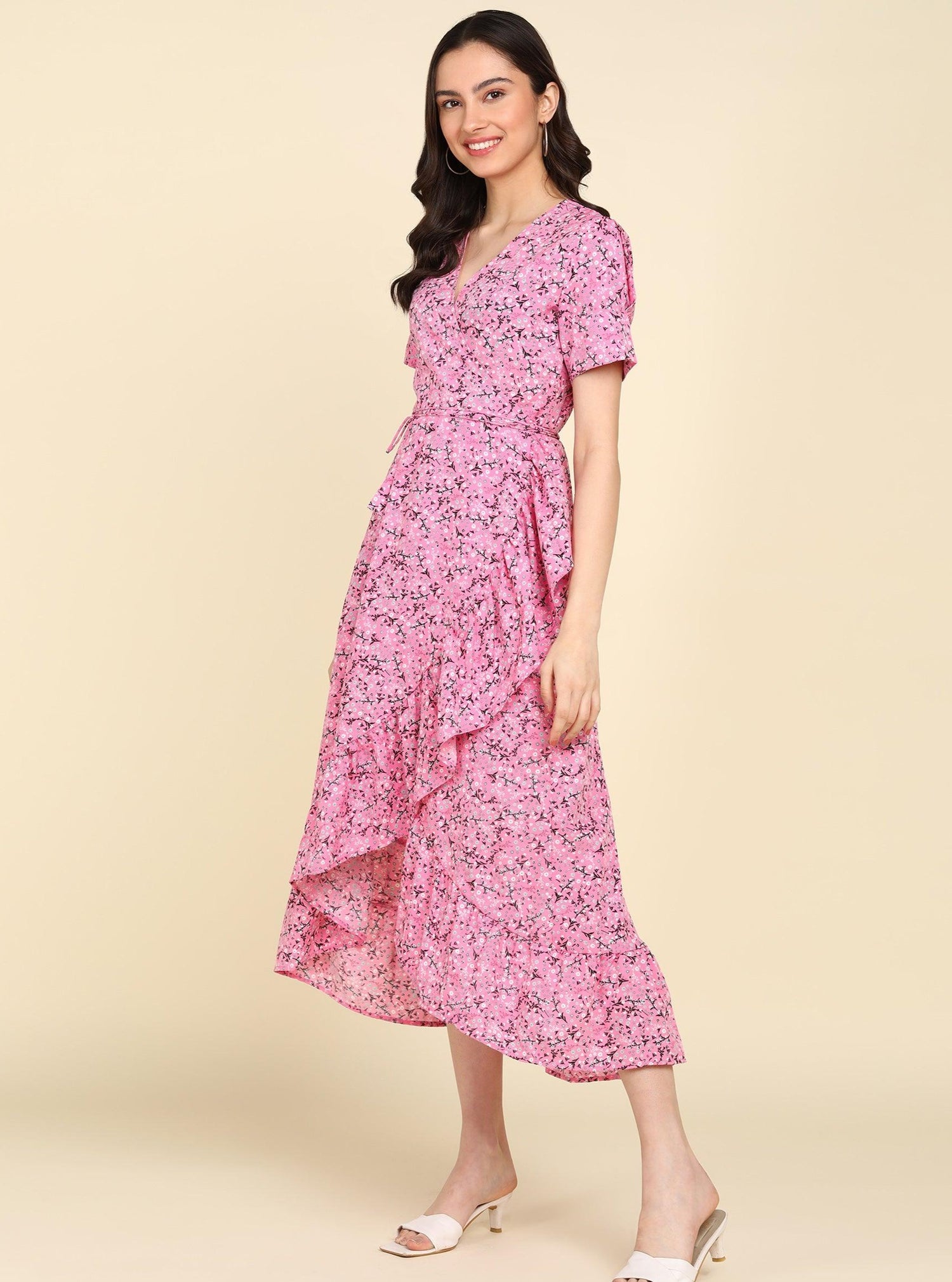 Pink Floral Printed Frill Dress - Znxclothing