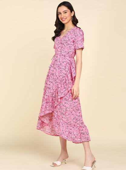 Pink Floral Printed Frill Dress - Znxclothing