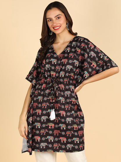 Ethnic Motifs Printed Black Kaftan With Tassel Details