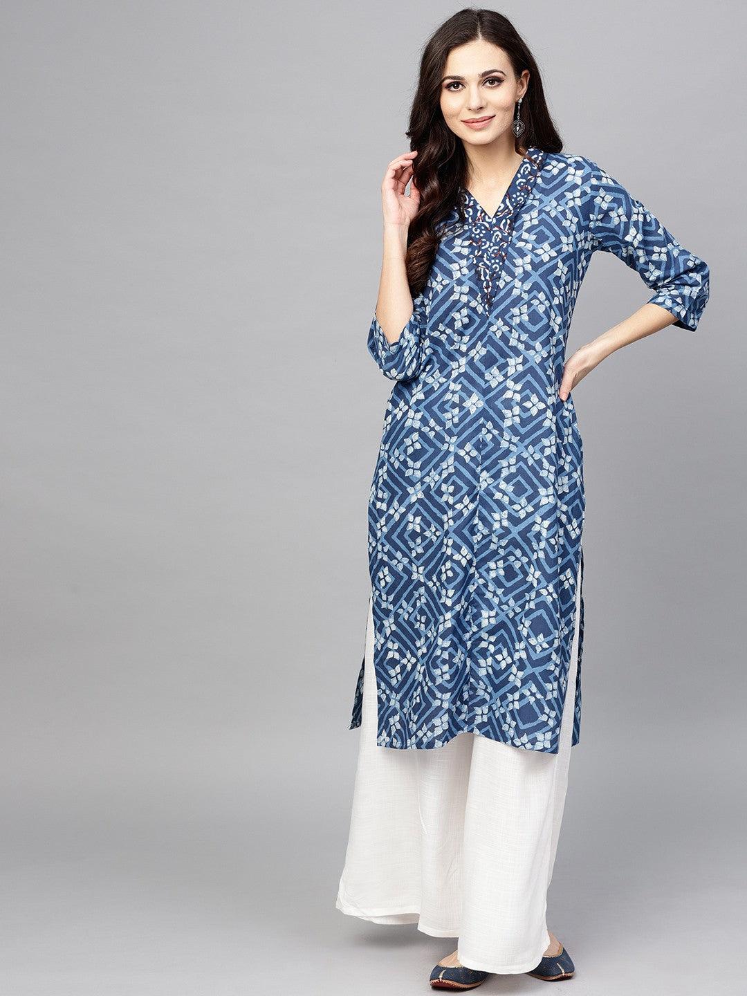 Blue &amp; White Printed Straight Kurta (Fully Stitched) - Znxclothing