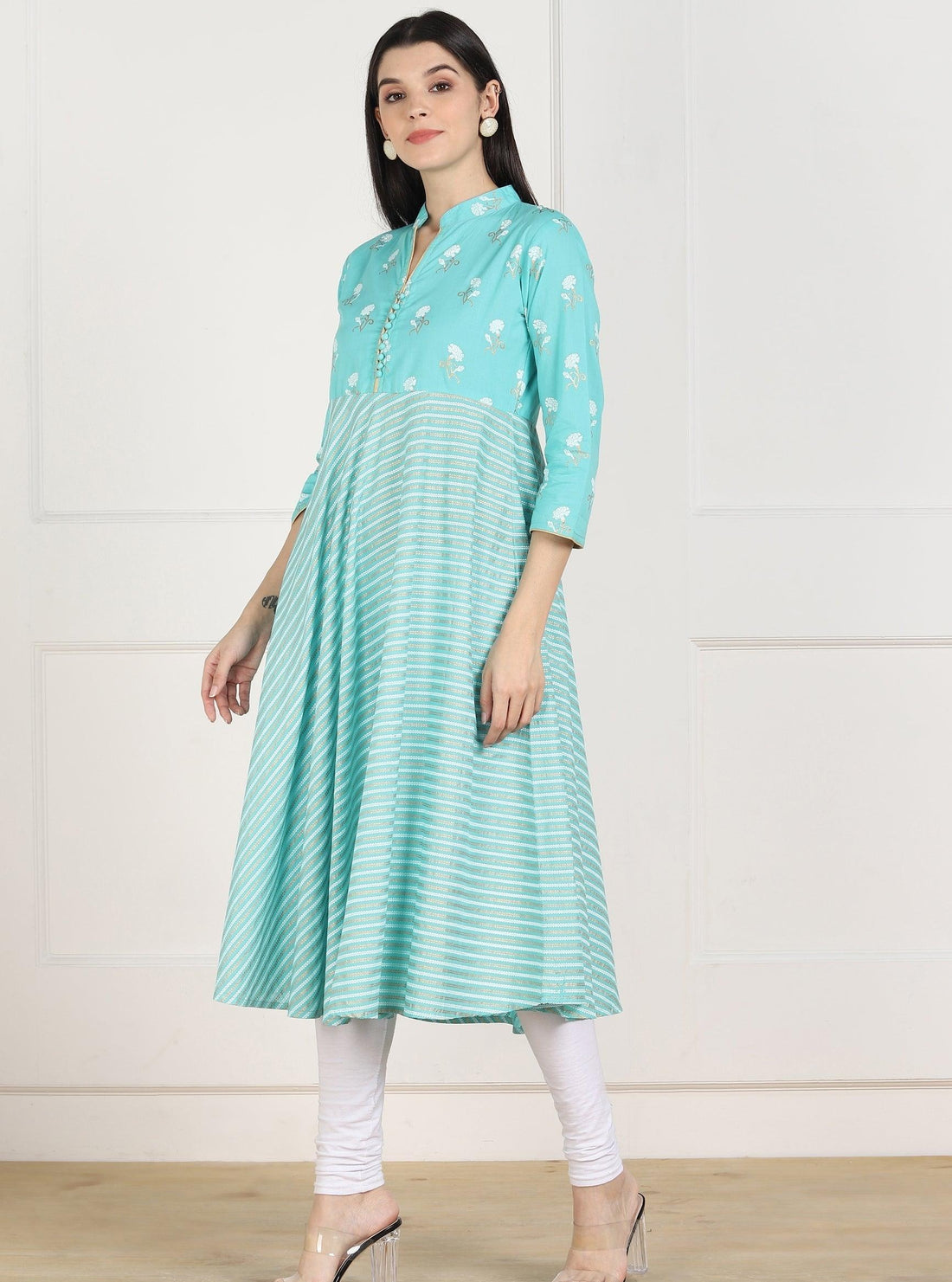 Znx Women Blue Stripe Printed Flared Kurta - Znxclothing