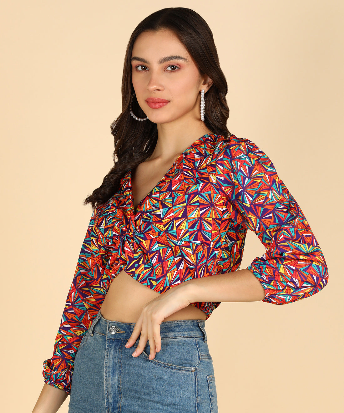 Multicolor Printed Front Knot Stylish Crop Top