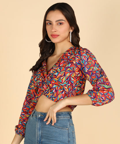 Multicolor Printed Front Knot Stylish Crop Top