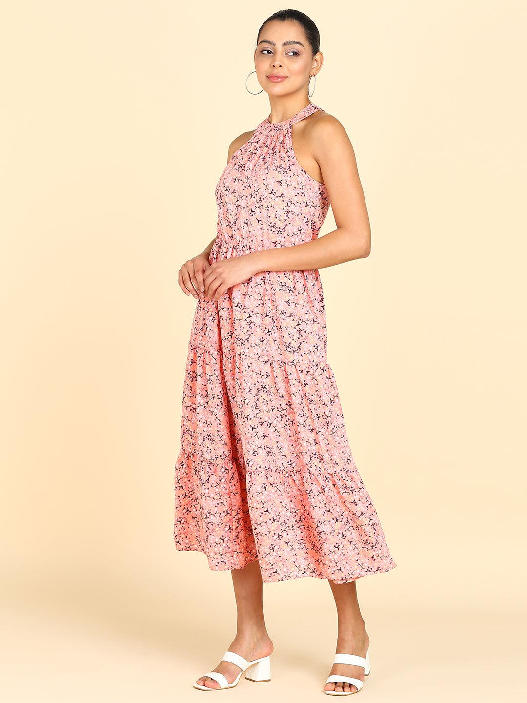 Floral Printed Tiered Peach Dress - Znxclothing
