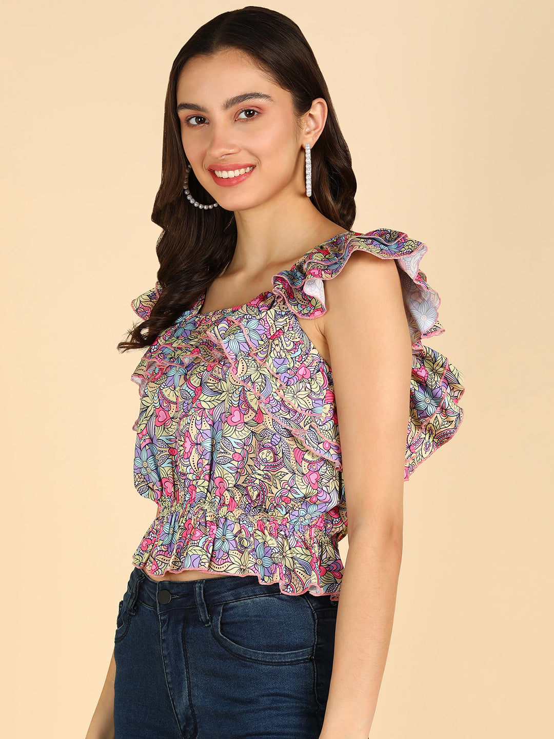 Muticolor Printed Frilled Sleeveless Top