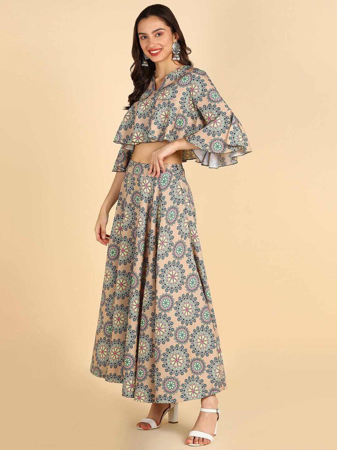 Floral Printed Beige Crop Top With Skirt