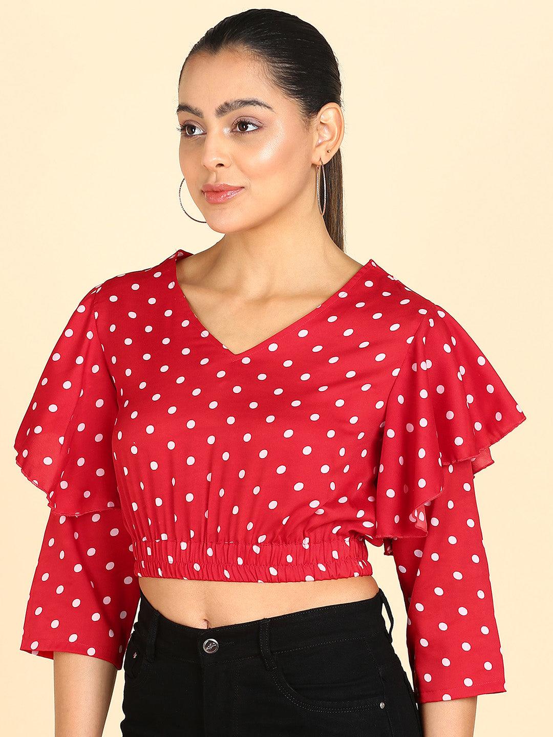 Polka Dots Printed Red Blouson Crop Top - Znxclothing
