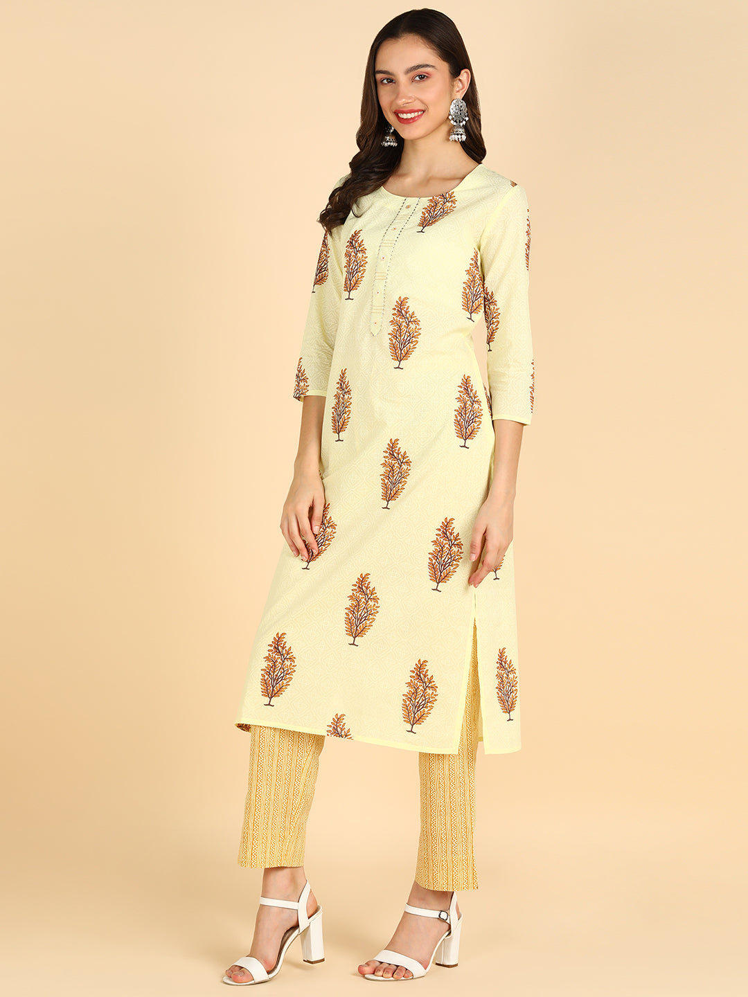 Women Yellow Printed Pure Cotton Kurta With Trousers