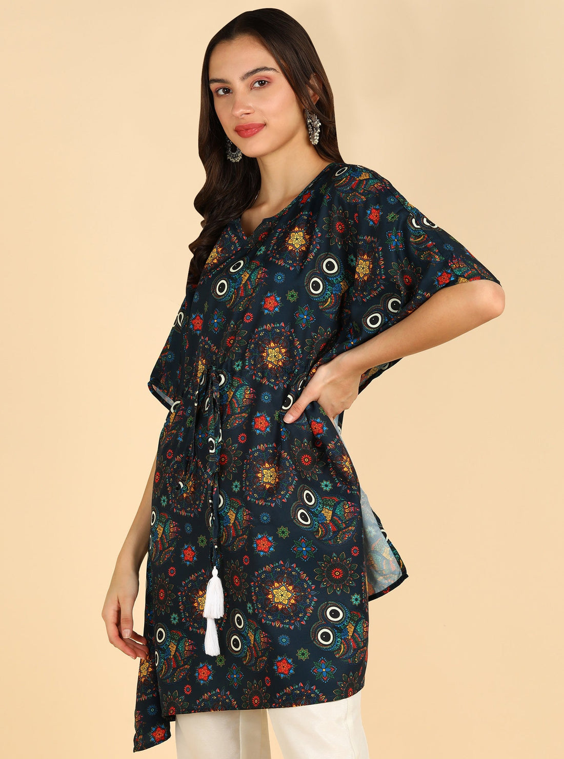 Floral &amp; Owl Eyes Printed Black Kaftan Kurta