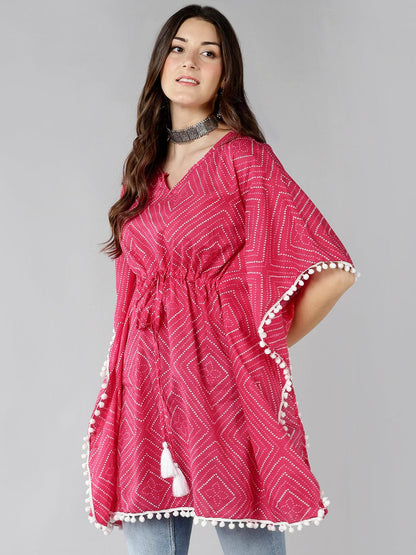 Znx Women Pink Bhandni Kaftan Kurti with Pompom Detailing - Znxclothing