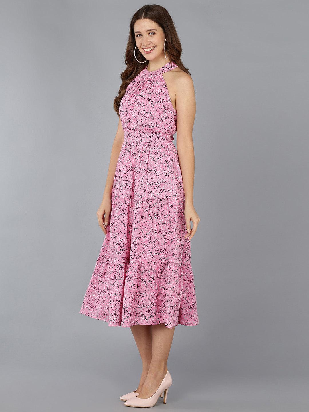 Floral Printed Pink Tiered Dress - Znxclothing