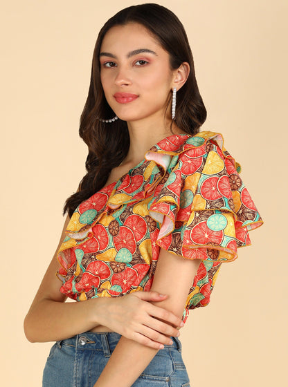 Orange Printed One Shoulder Stylish Sleeve Top