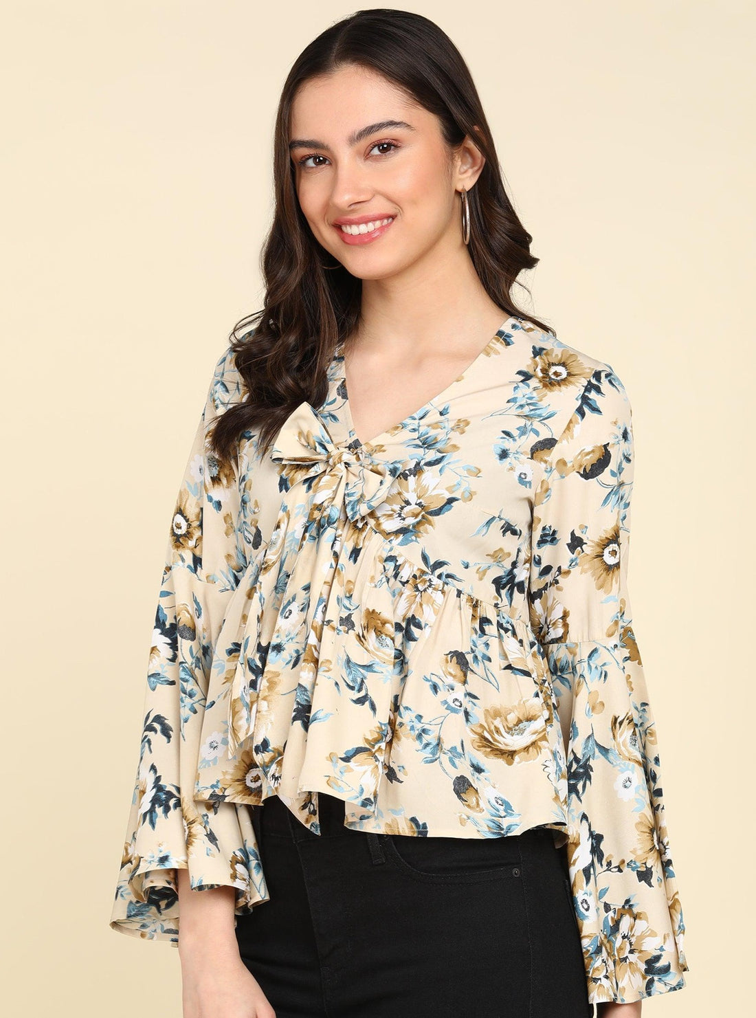 Front Tie-Up Designe Floral Printed Cream Top - Znxclothing
