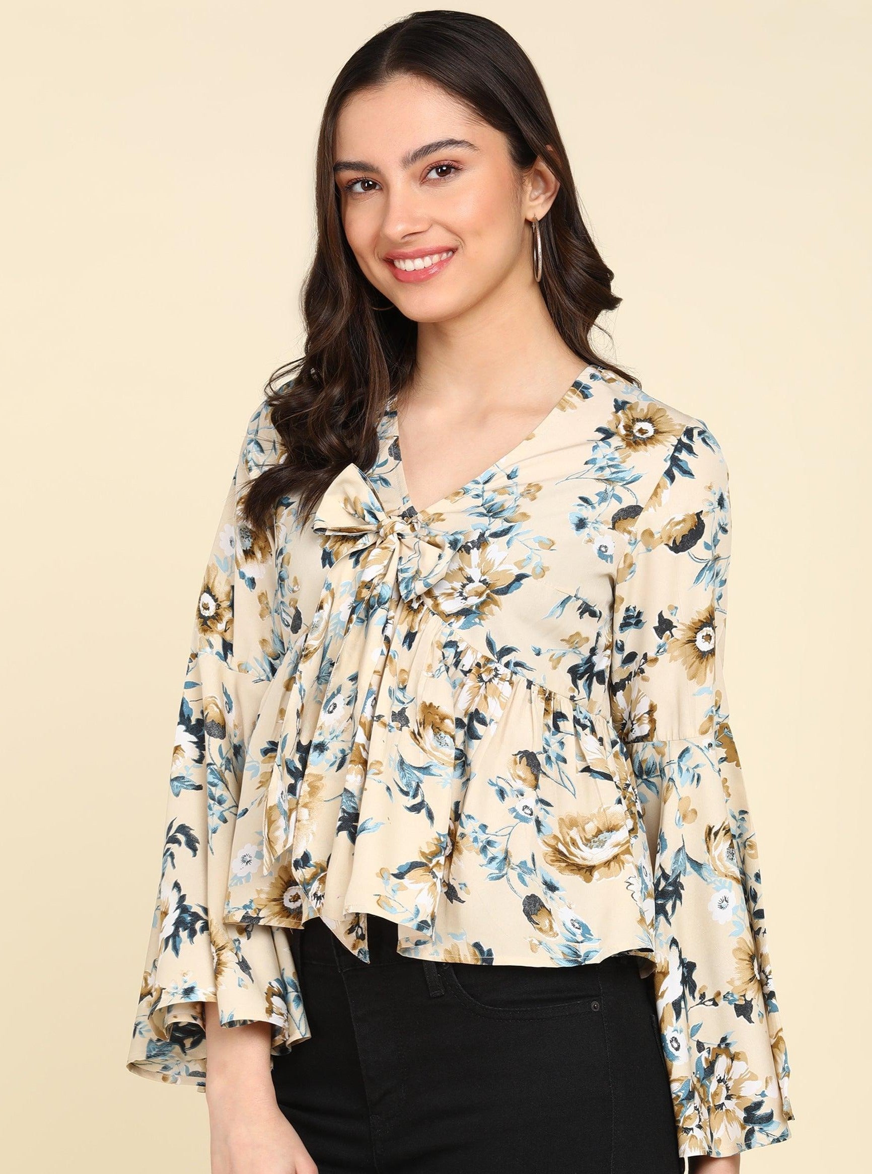 Front Tie-Up Designe Floral Printed Cream Top - Znxclothing