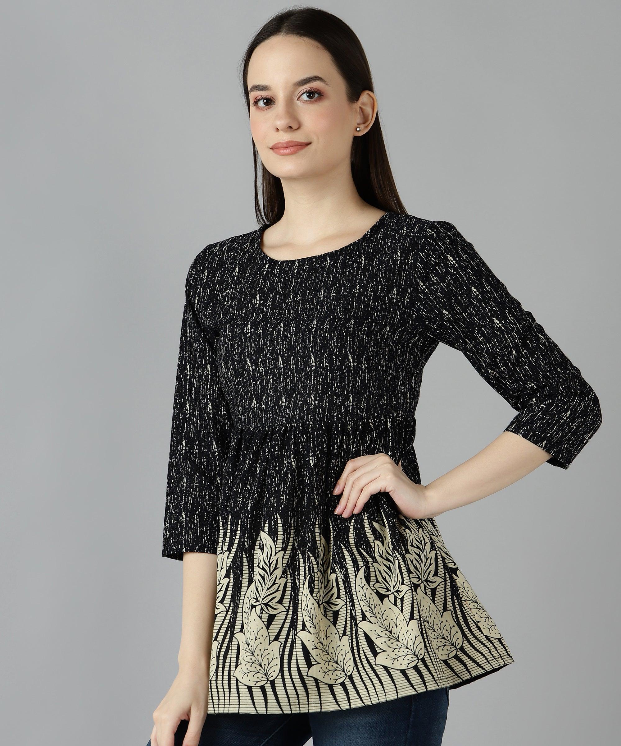 Znx Women Leaf Border Printed Black Top - Znxclothing