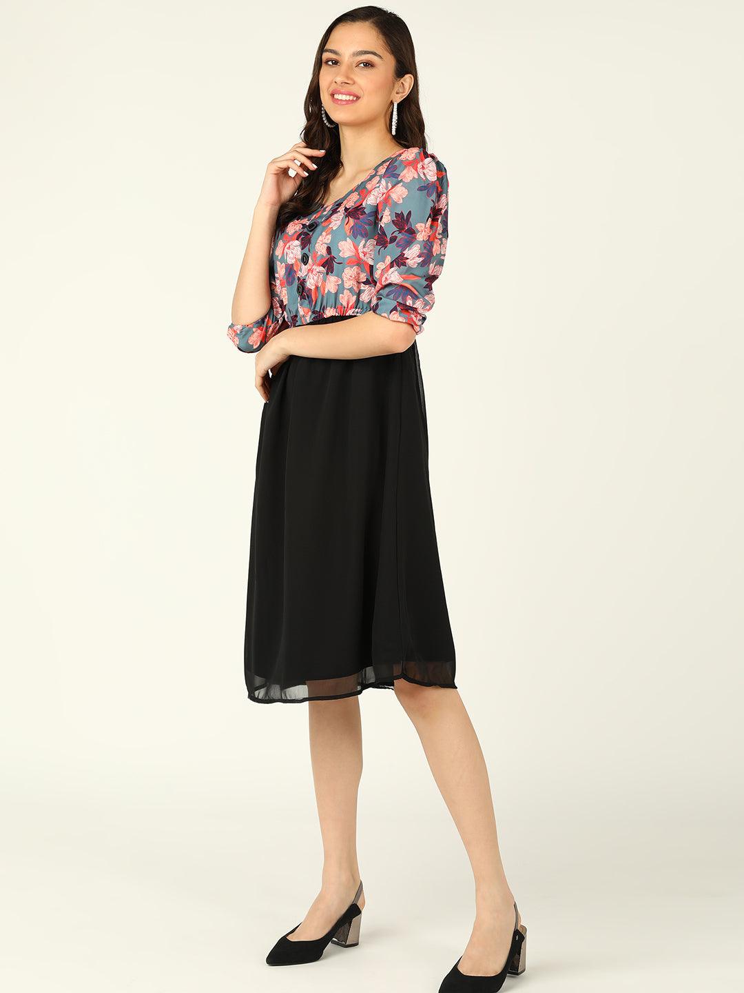 Peach Floral Printed Grey &amp; Black Dress - Znxclothing