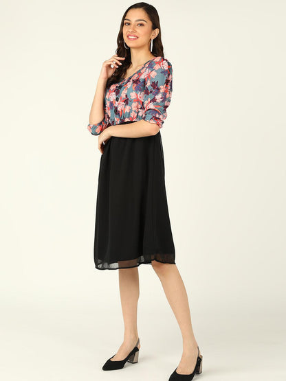 Peach Floral Printed Grey &amp; Black Dress - Znxclothing