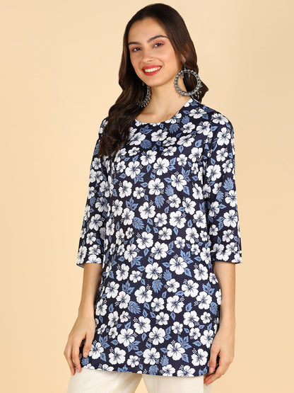 White Floral Printed Blue Straight Kurti