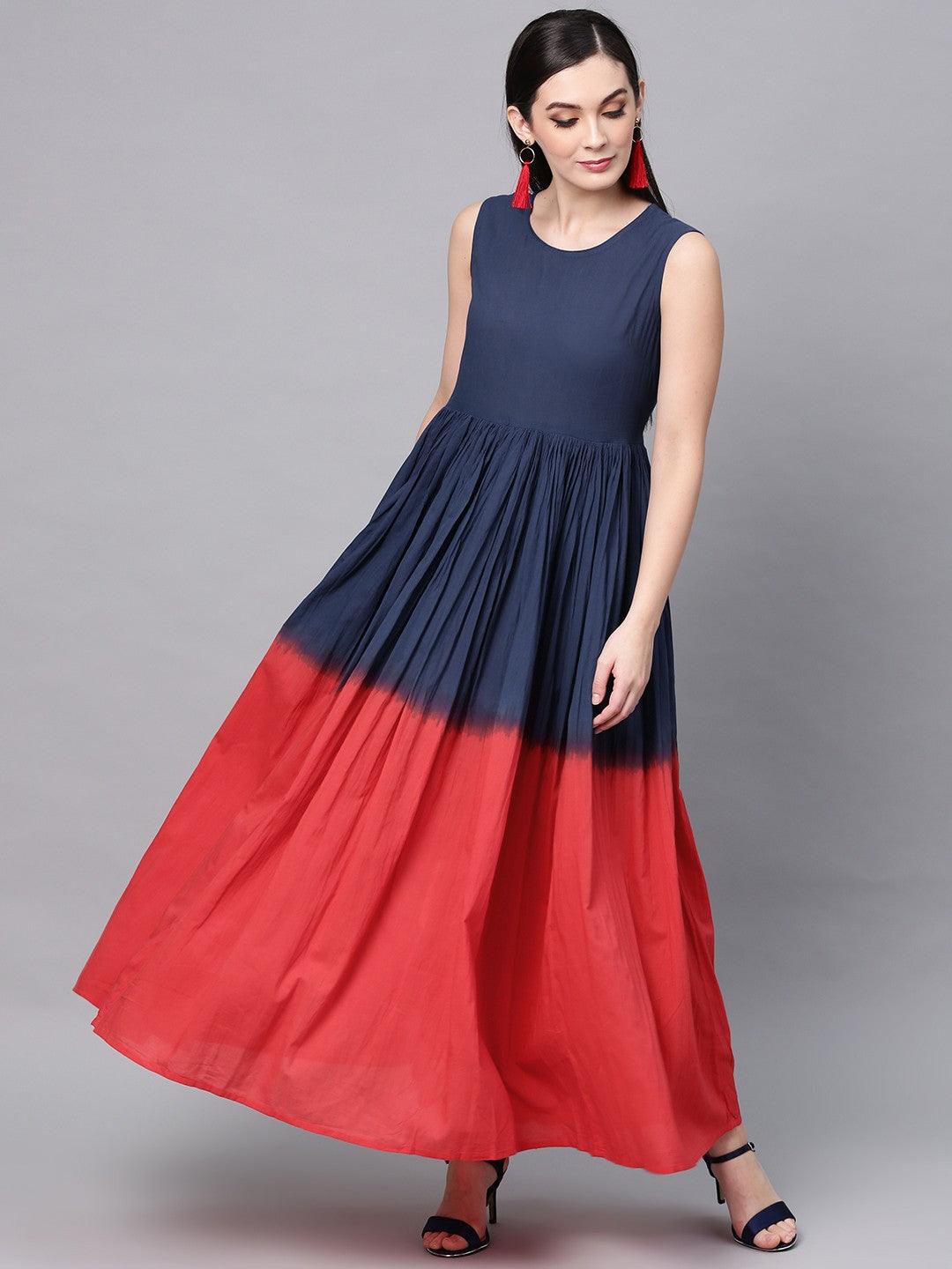 Blue &amp; Red Tie &amp; Dye Printed Flared Maxi (Fully Stitched) - Znxclothing