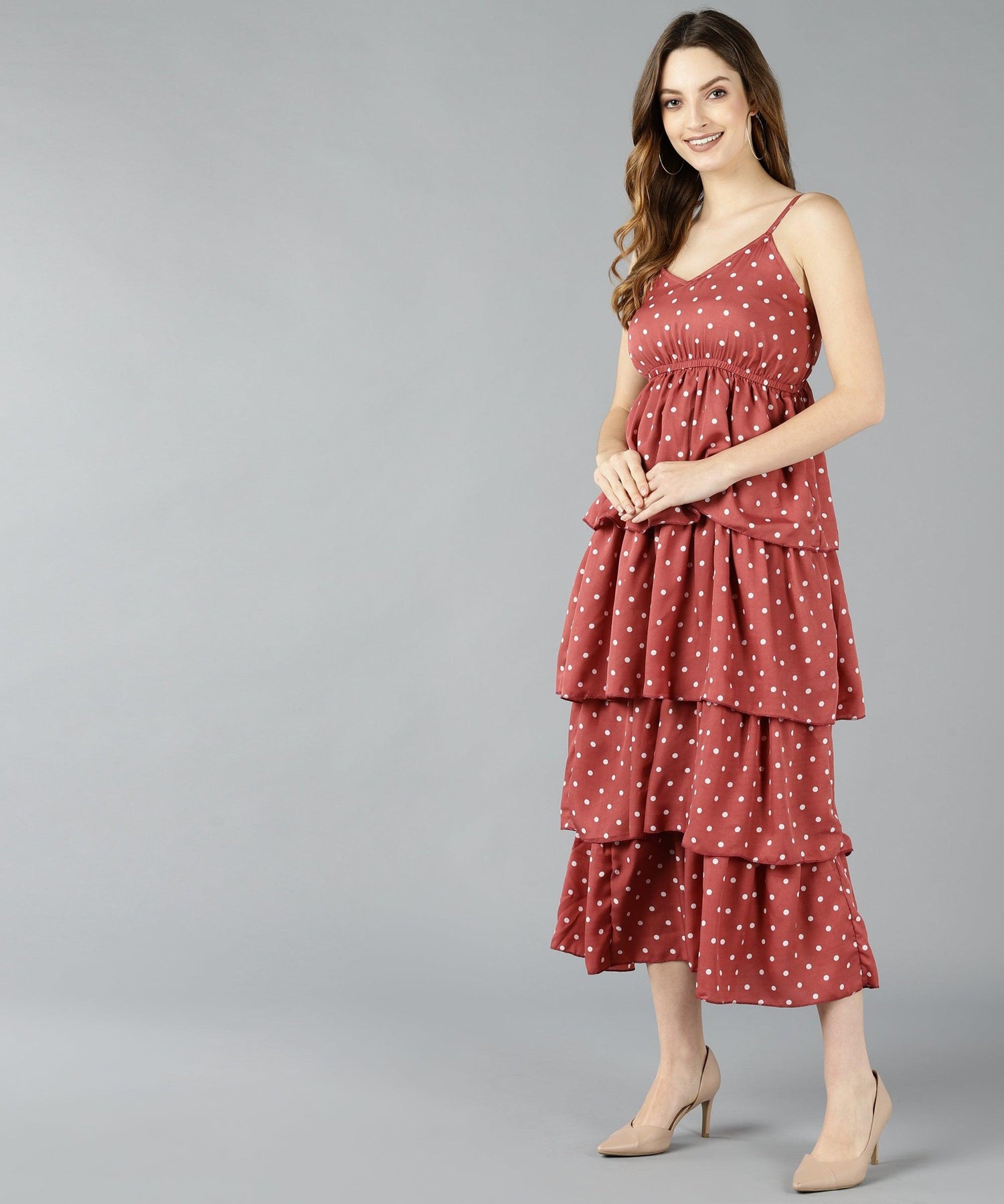 Znx Women White Dot Printed Pink Tiered Dress - Znxclothing