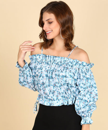 Sky Blue Floral Printed Bardot Top - Znxclothing