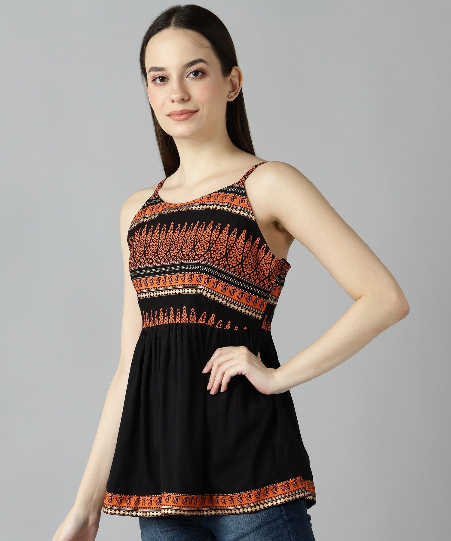 Znx Women Orange Gold Printed Black Top - Znxclothing