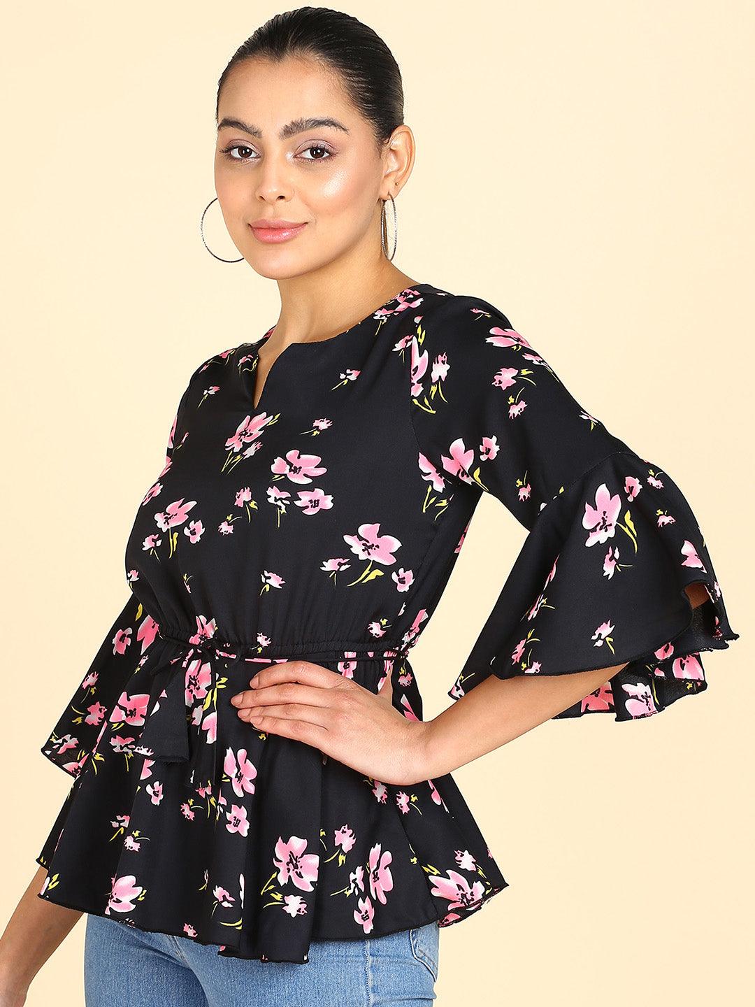 Floral Printed Black Empire Top - Znxclothing