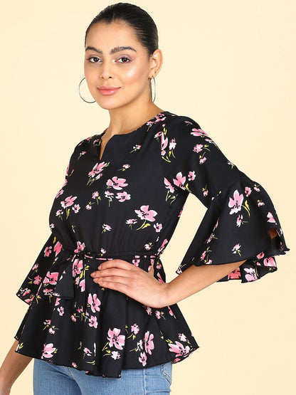 Floral Printed Black Empire Top - Znxclothing