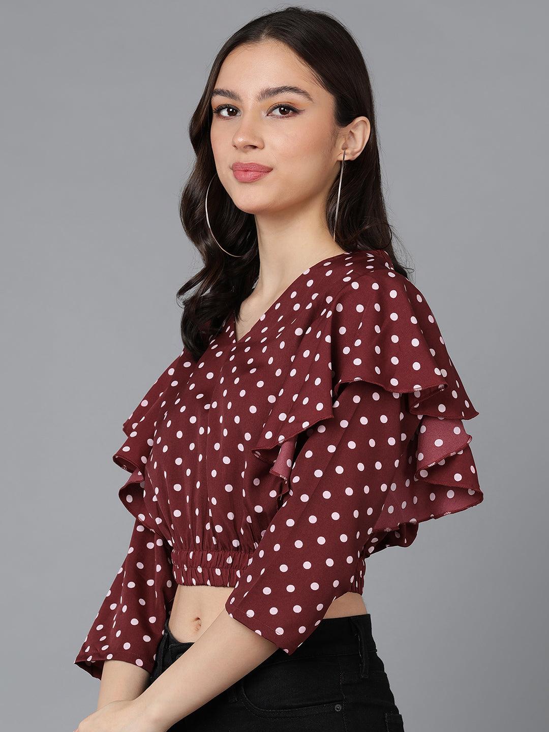 Maroon Polka-Dot Top with Double Sleeve - Znxclothing