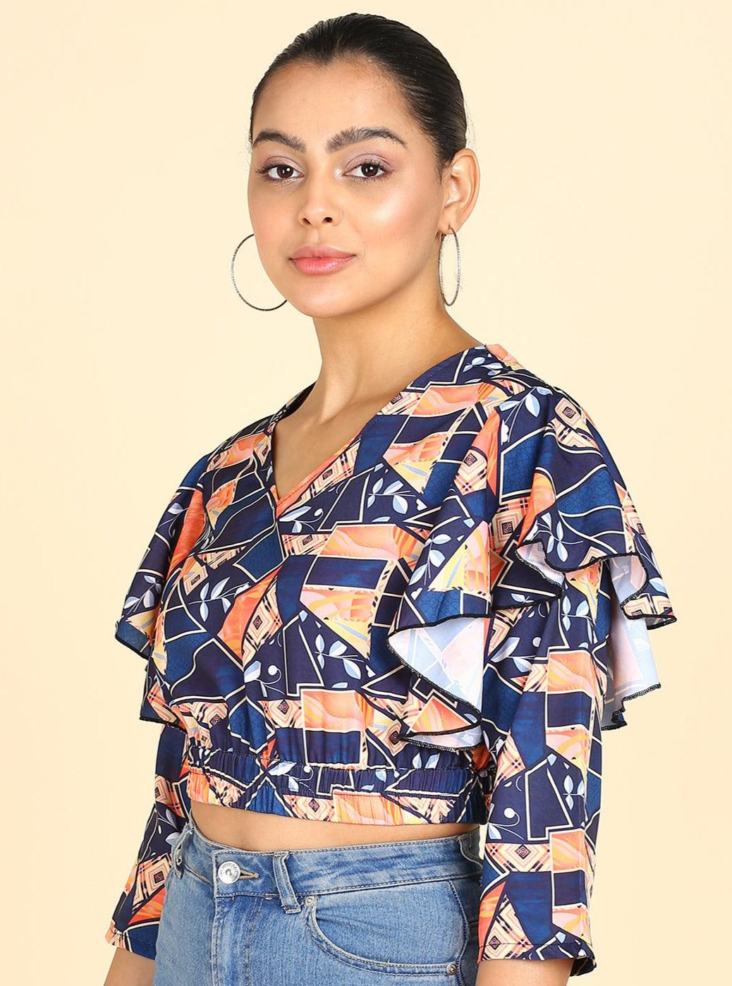 Geometric Printed Blue Blouson Crop Top - Znxclothing
