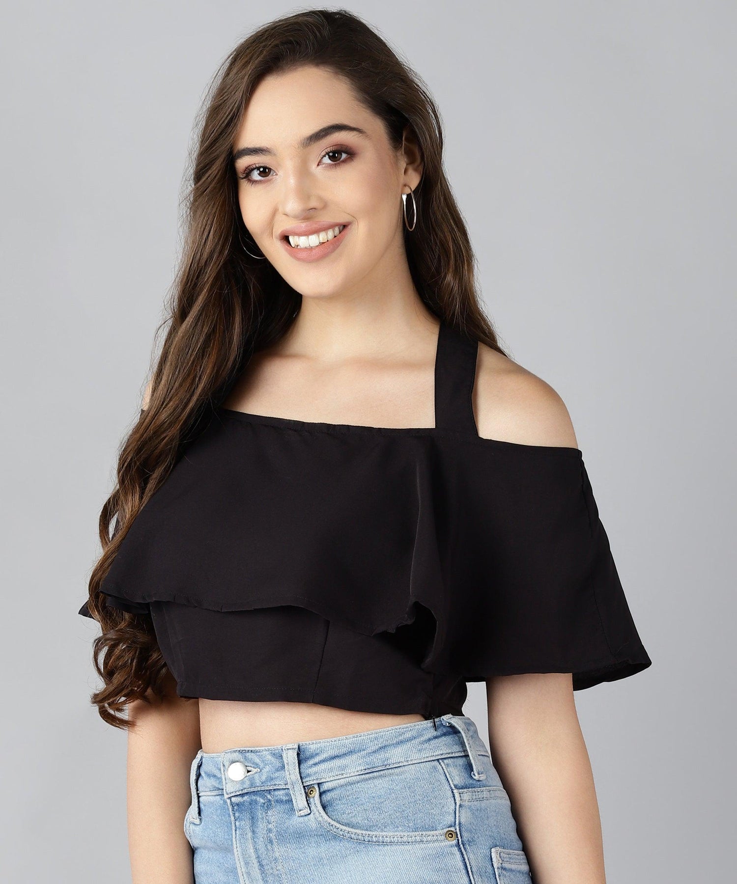 Women Shoulder Straps Black Solid Top - Znxclothing