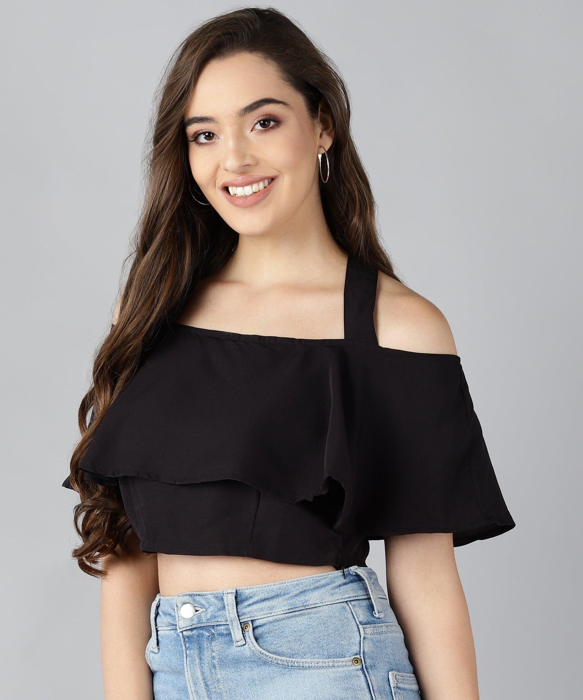 Women Shoulder Straps Black Solid Top - Znxclothing