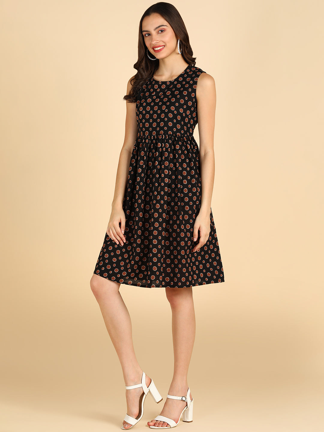 Brown Polka Printed Black Sleeveless Dress