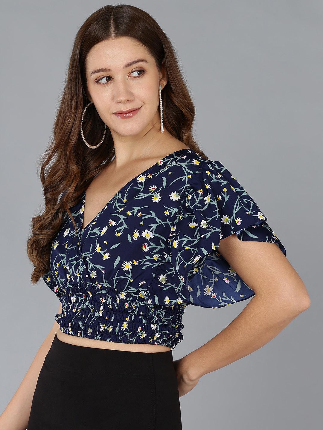 Floral Printed Blue Crop Top - Znxclothing