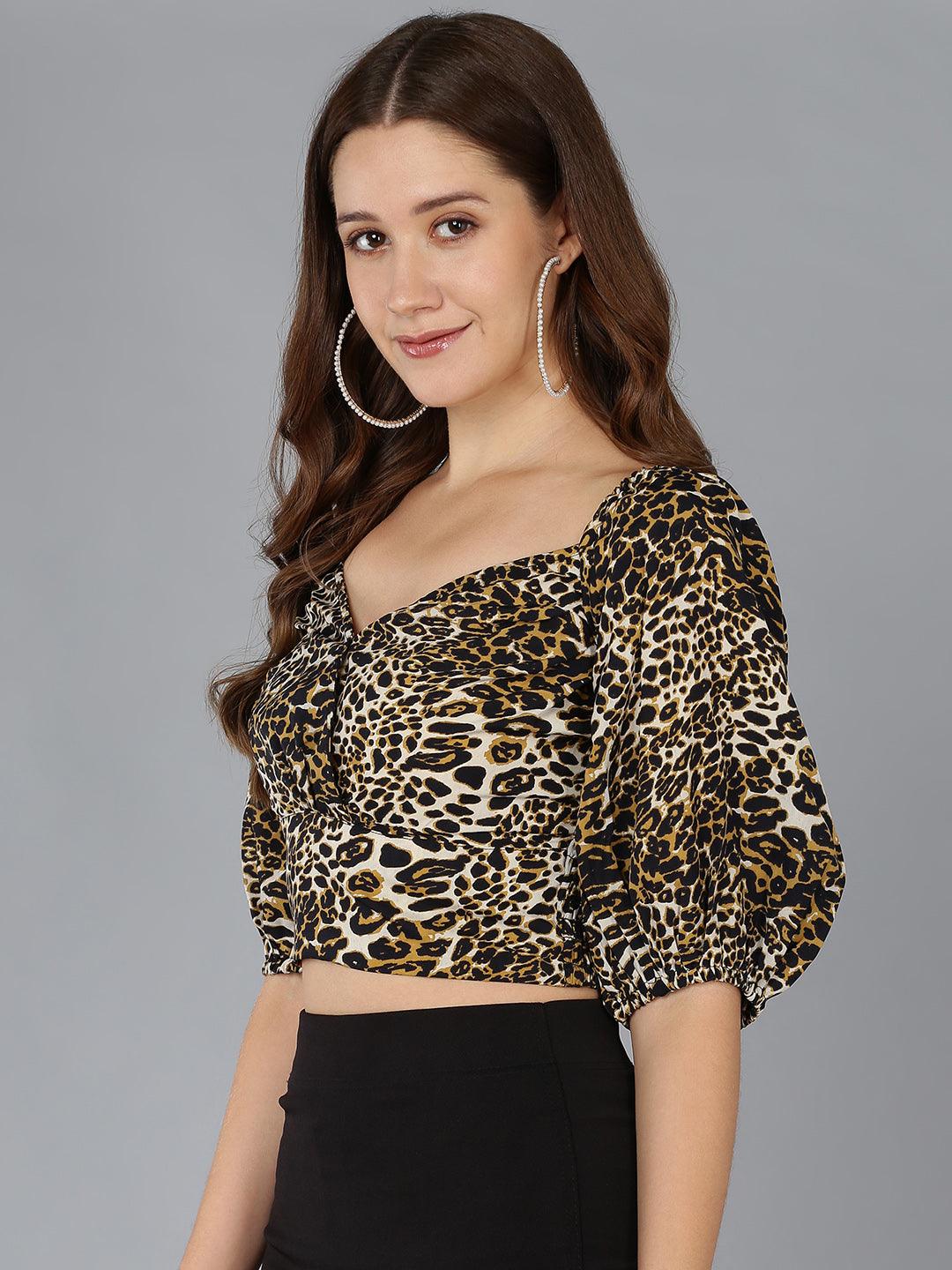 Animal Printed Smocked Crop Top - Znxclothing
