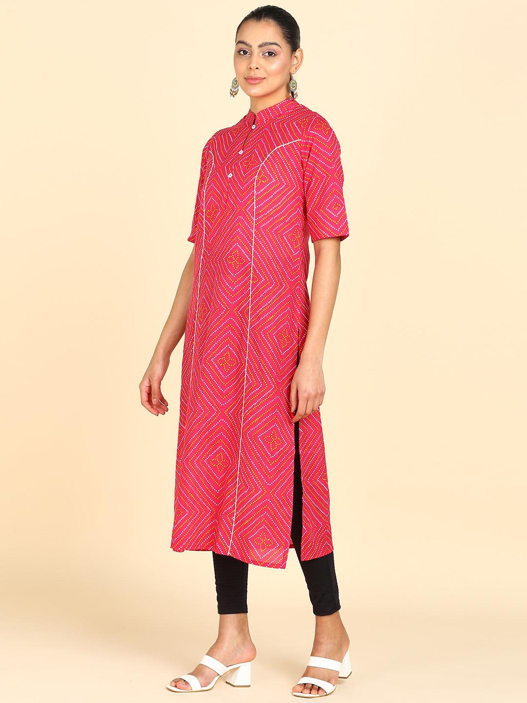 Pink Bandhani Printed Princess Cut Straight Kurta - Znxclothing