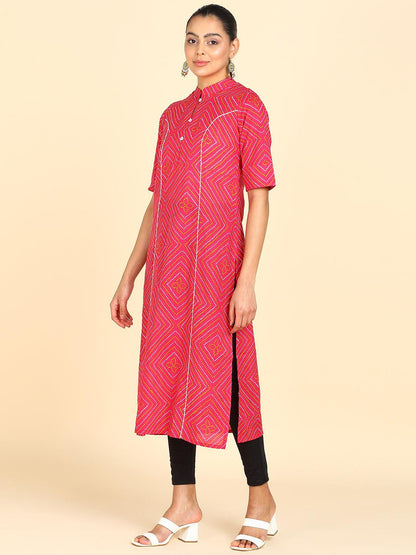 Pink Bandhani Printed Princess Cut Straight Kurta - Znxclothing