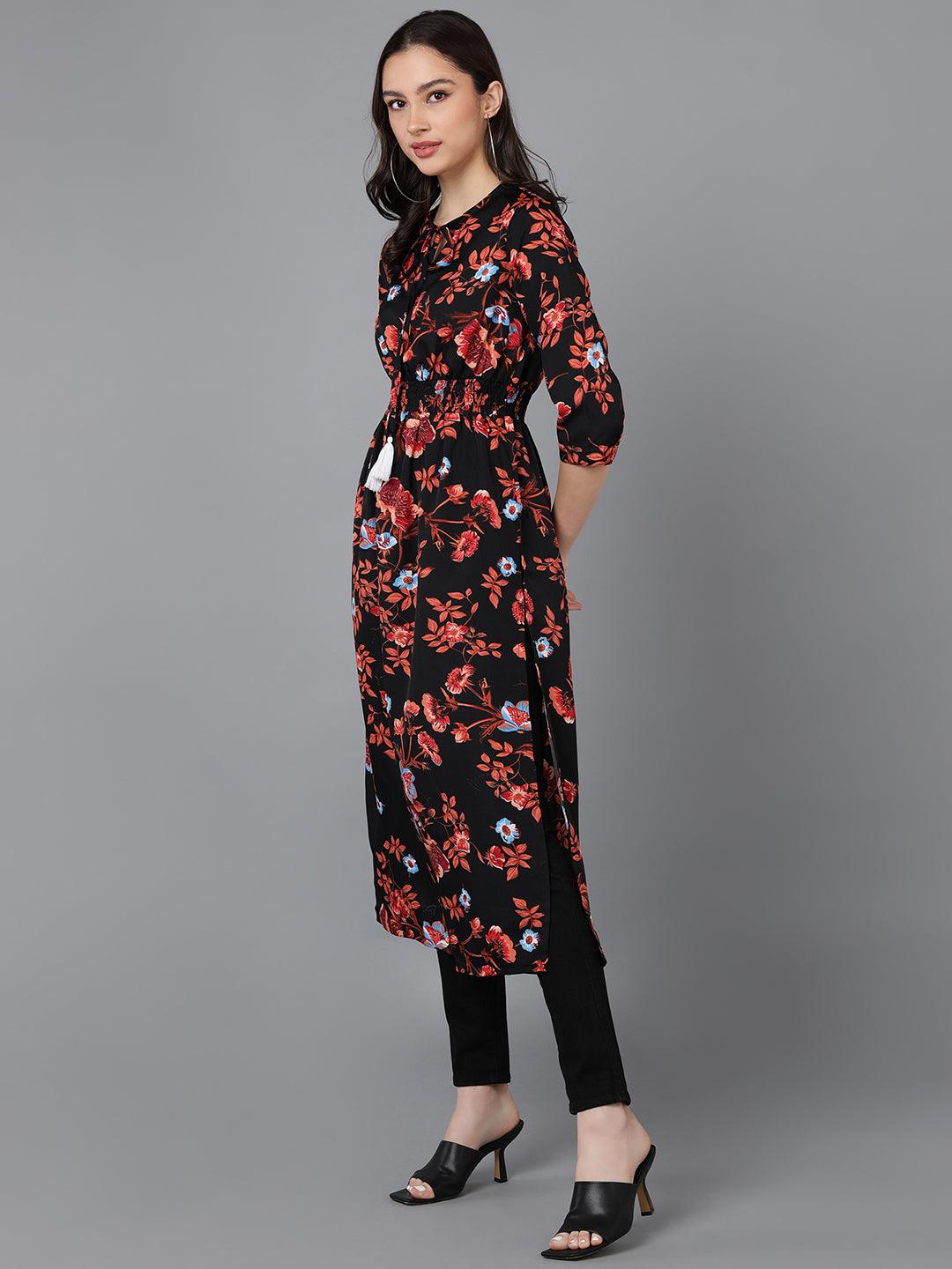 Rust Floral Printed Black Straight Kurti - Znxclothing