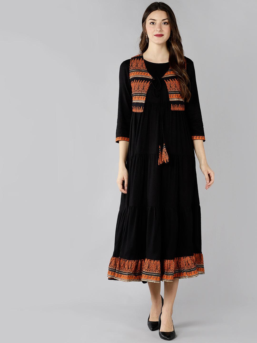 Znx Women Black Maxi Dress With Orange Printed Jacket - Znxclothing