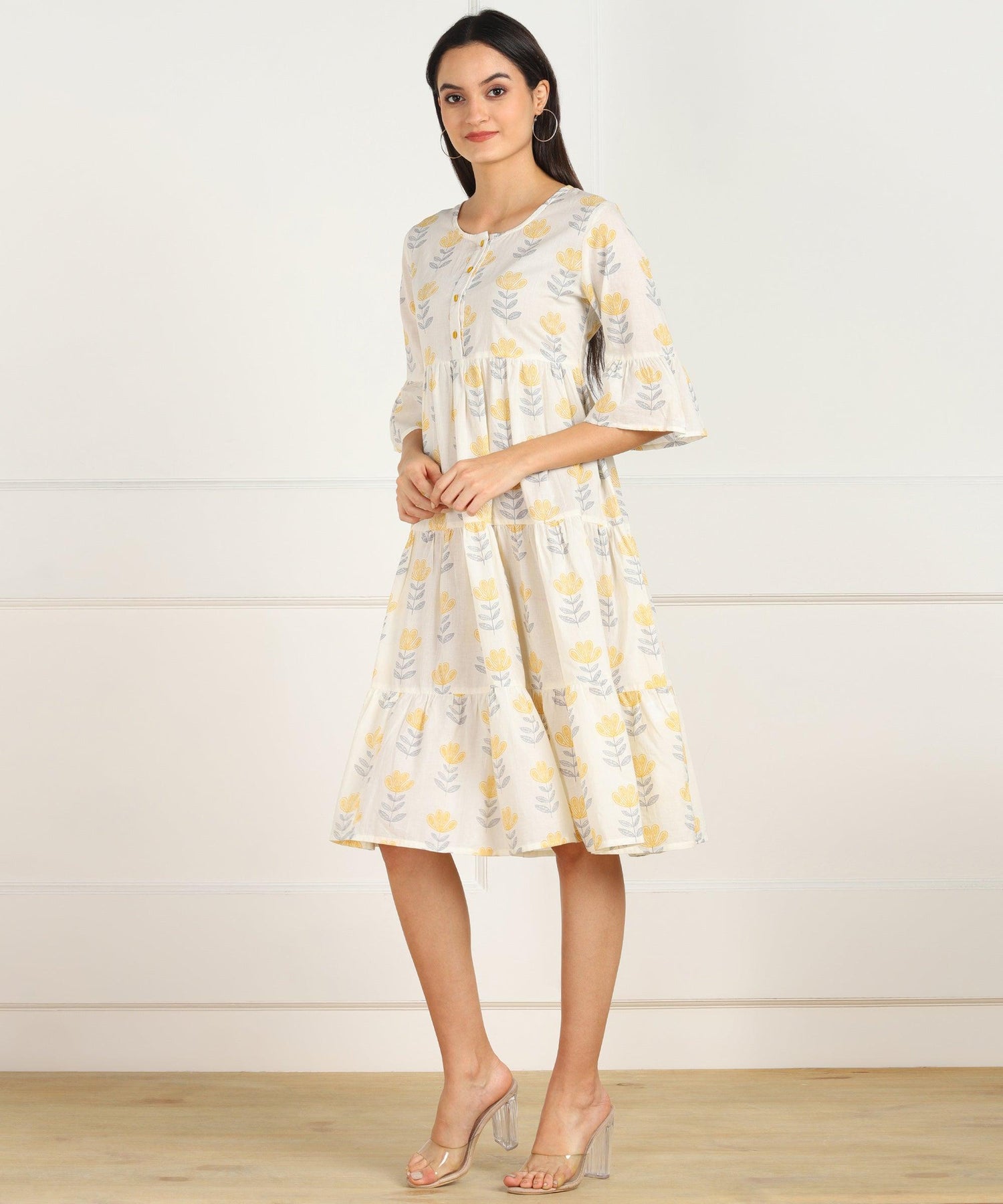 Znx White Yellow Floral Printed Flared Dress - Znxclothing