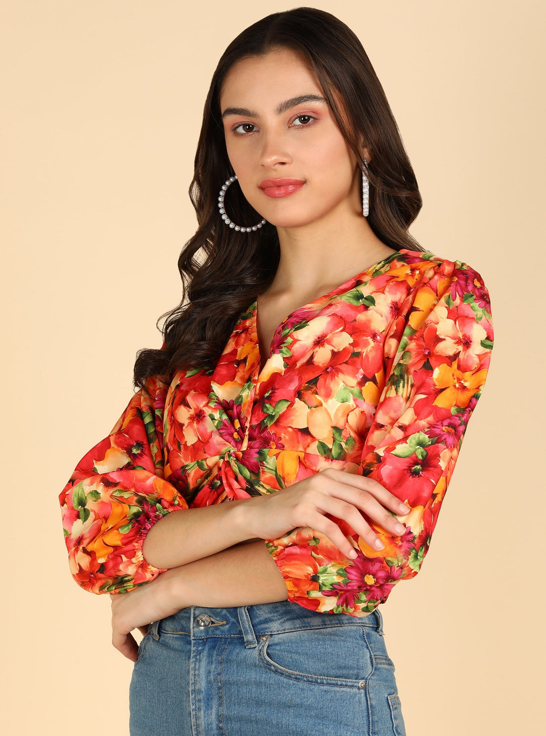 Orange Color Printed Front Knot Stylish Crop Top