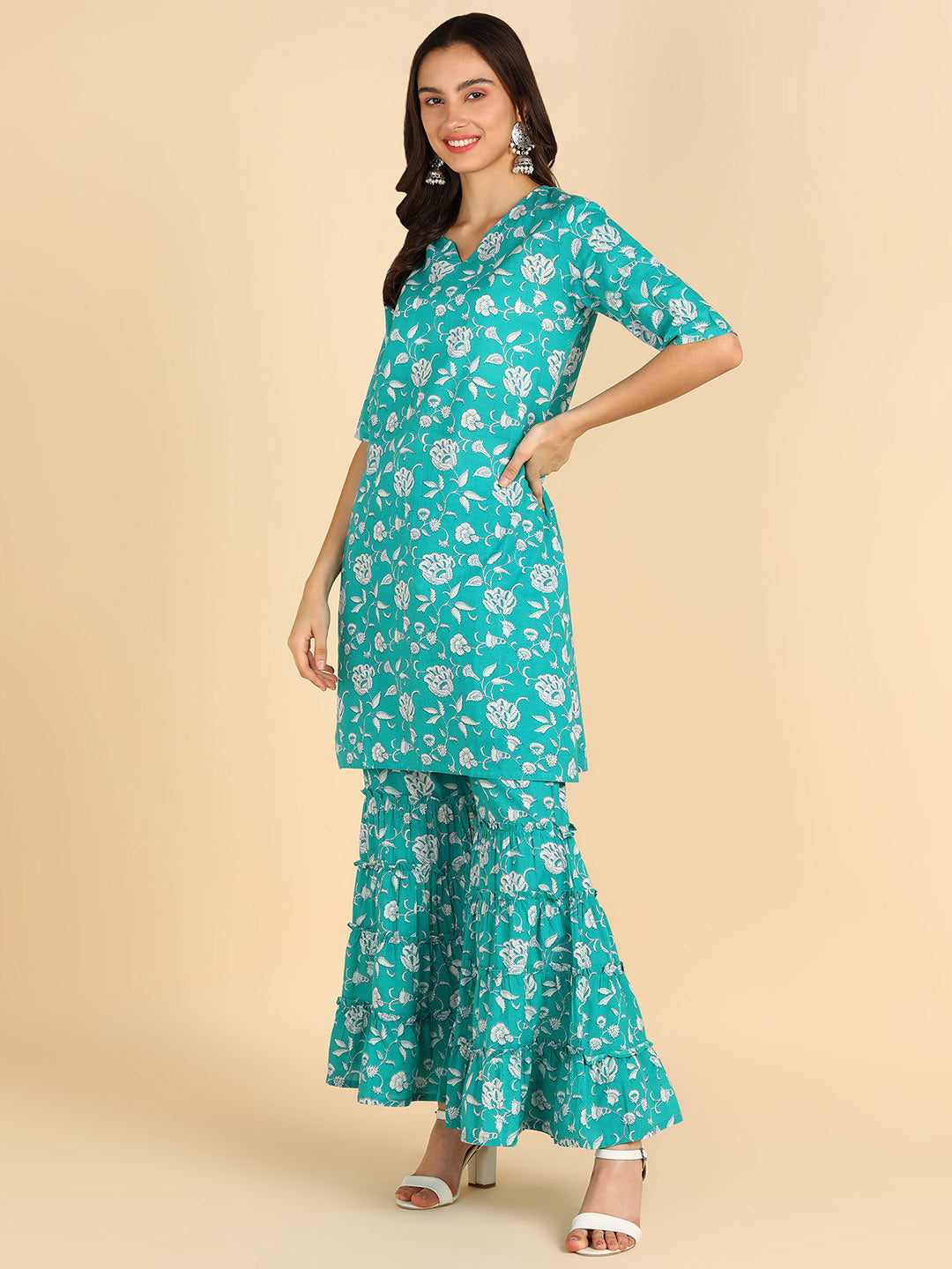 Women Turqouise Ethnic Motifs Printed Pure Cotton Kurta with Sharara &amp; With Dupatta