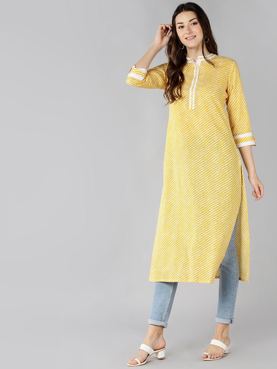 Znx Women Yellow Lehriya Printed Straight Kurti - Znxclothing