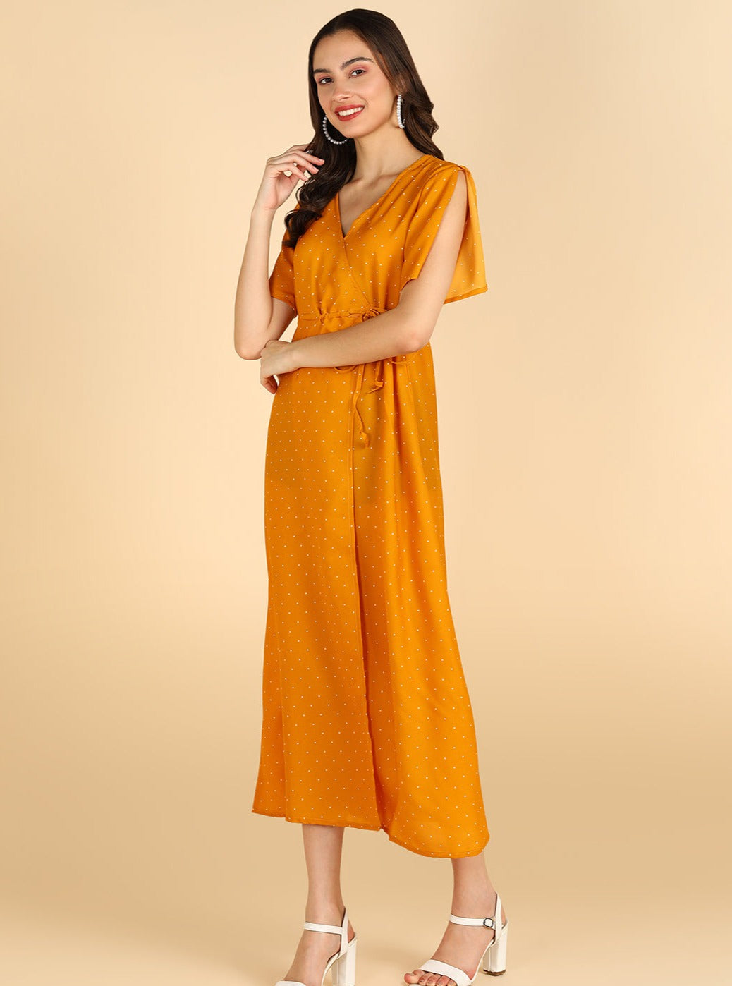 White Polka Printed Yellow Fornt Slit Dress