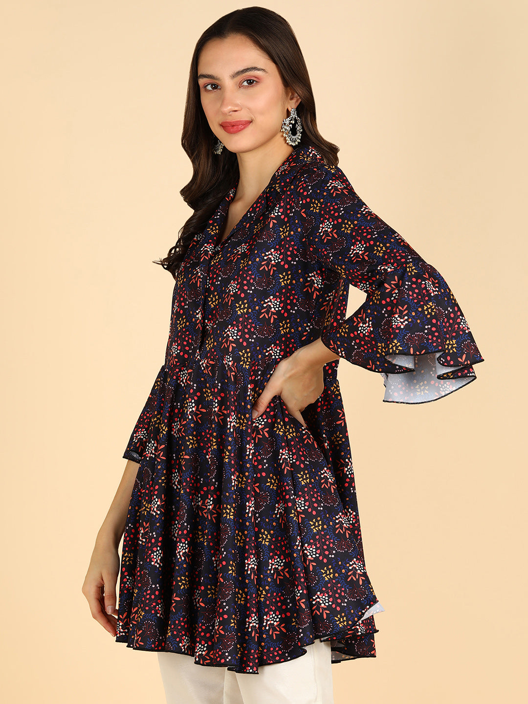 Blue Floral Printed Bell Sleeve Top