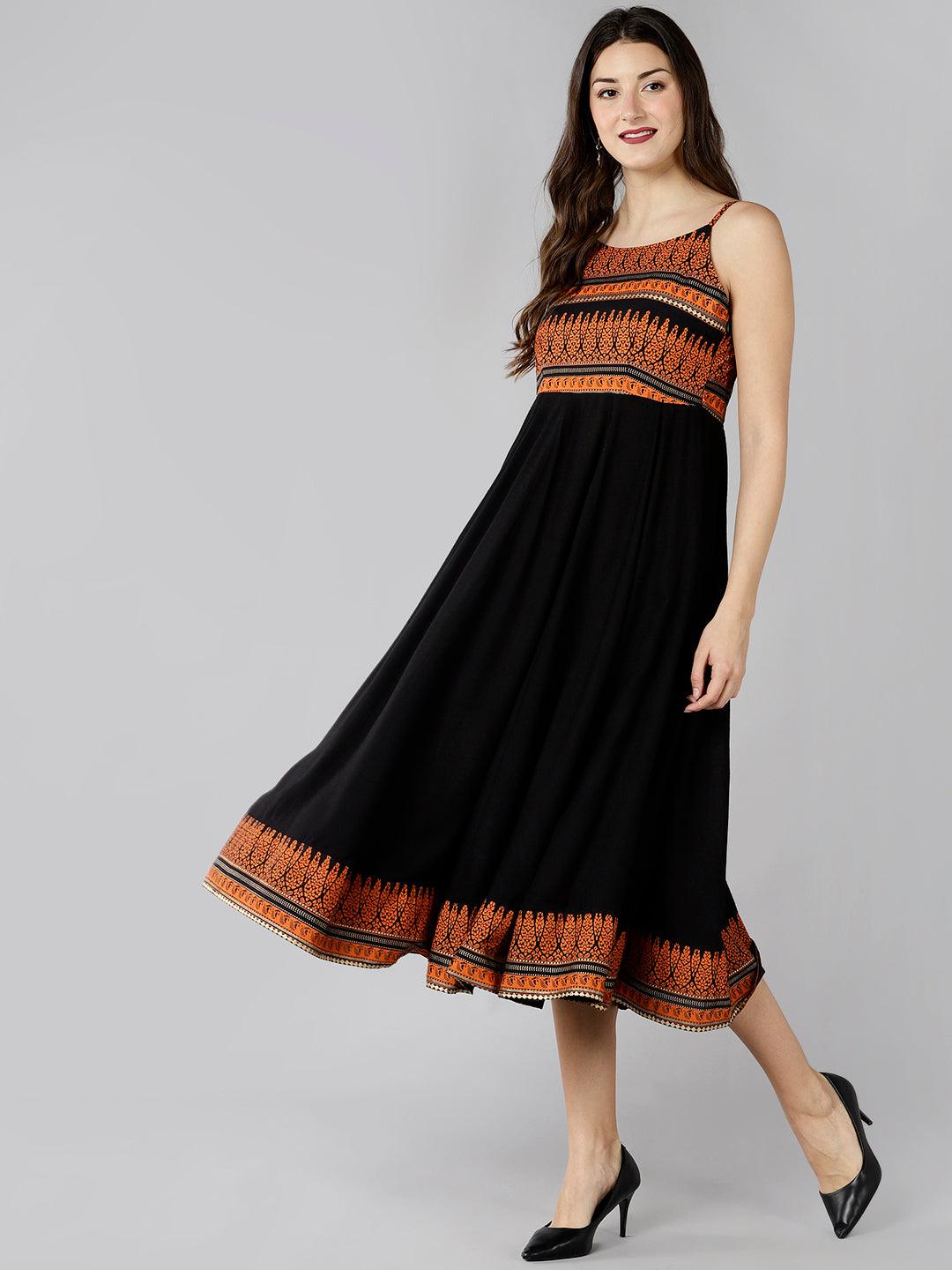 Znx Women Orange Printed Ankle length Black Dress - Znxclothing