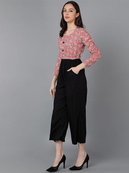 Pink Printed Jumpsuit With Smocked Sleeve - Znxclothing