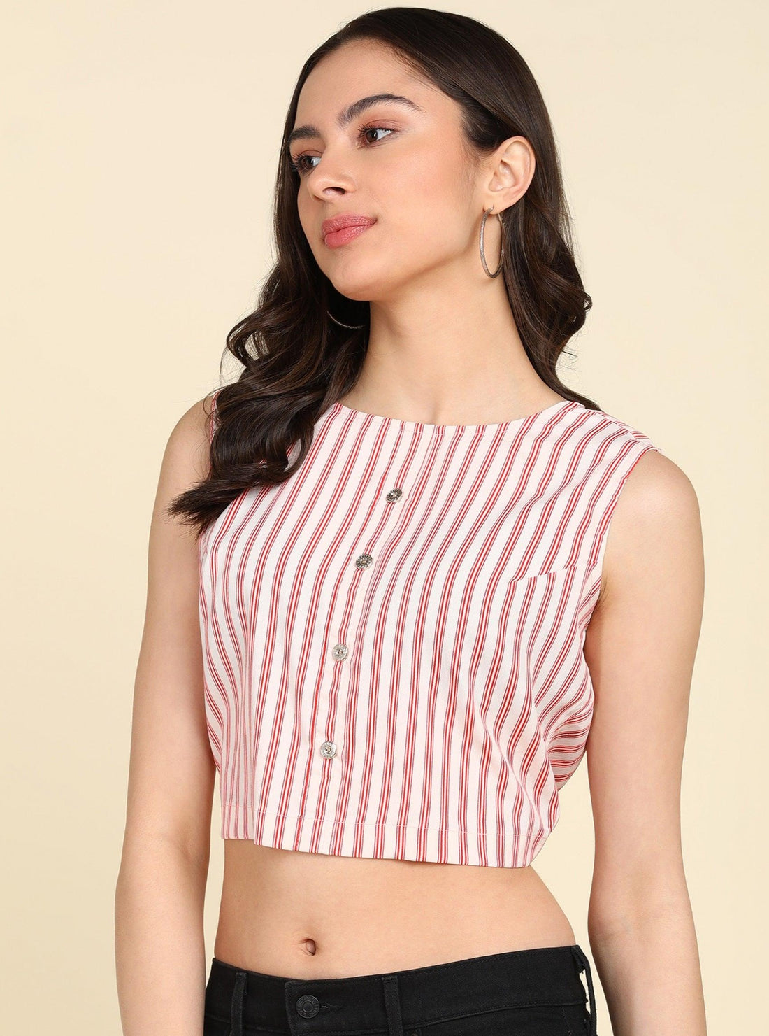 Cream &amp; Red Striped Styled Back Crop Top - Znxclothing